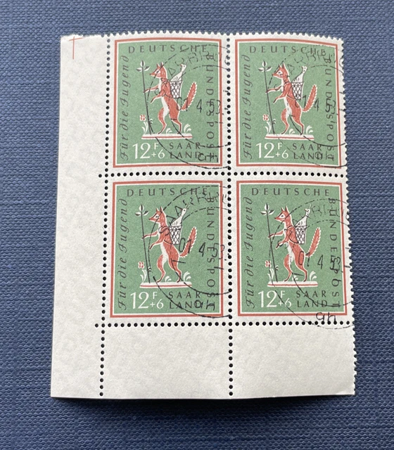 Saarland OPD 1958 Mi.-Nr. 433, Quartett Br. r / unten Bogenecke, gestempelt
