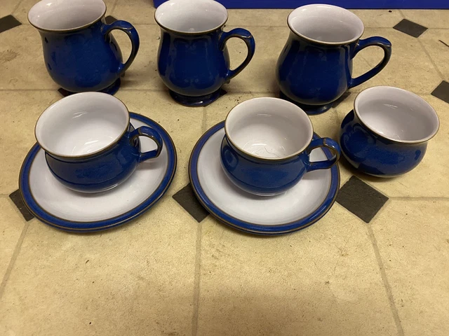 Denby Blue Tea Service  2 Cups and saucers, 3 Mugs Coffee Cups And Bowl