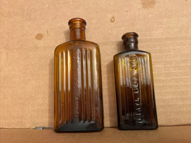 VINTAGE Two (NOT TO BE TAKEN) Brown GLASS BOTTLES Ribbed Fronts