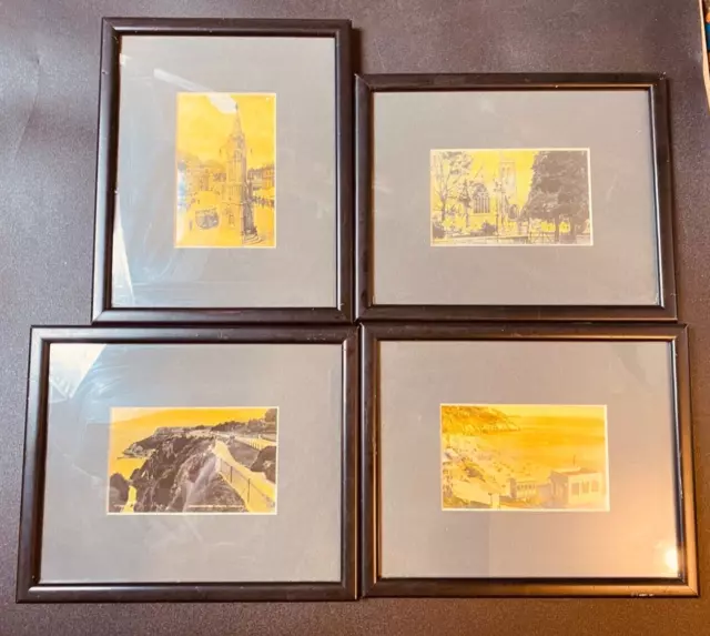 Set of Devon Vintage Sepia Tinted Postcards Seaside & Town Four 9" x 7" Frames