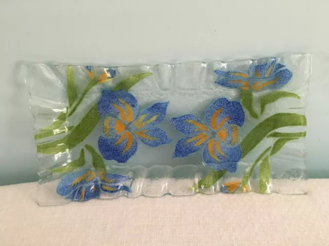 🔴 Sydenstricker Handcrafted Fused Art Glass 12" Rectanglar Tray Plate Blue Iris