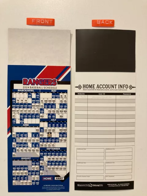 Mlb Texas Rangers 2024 Magnet Schedule (9" X 3 1/2") Teams, Dates & Times - New