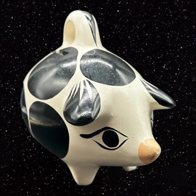 Mexico Folk Art Pottery Pig Coin Bank Piggy White Black With Handle 9”W 8”W