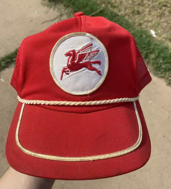 Vintage 70’s Mobil Oil Gas Red Pegasus Snapback Rope Trucker Hat Cap