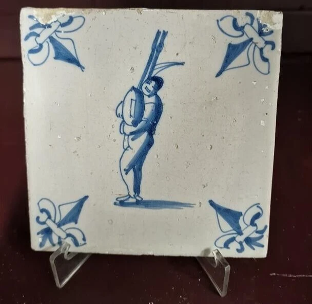 Antique Rare  Dutch  Delft  Tile  Bag-Pipe Player 17 Th Century