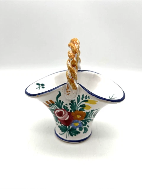 VTG CASTELLI Italian Art Pottery 4 1/2" Glazed Majolica Floral/Handled Basket
