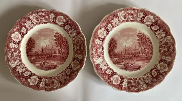2 x Palissy Pottery Red Pink Thames River Scenes Dinner Plate Eton College Scene