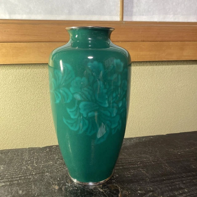 CLOISONNE ware Vase height 9.8 inch emerald green Flower pattern Japanese art]