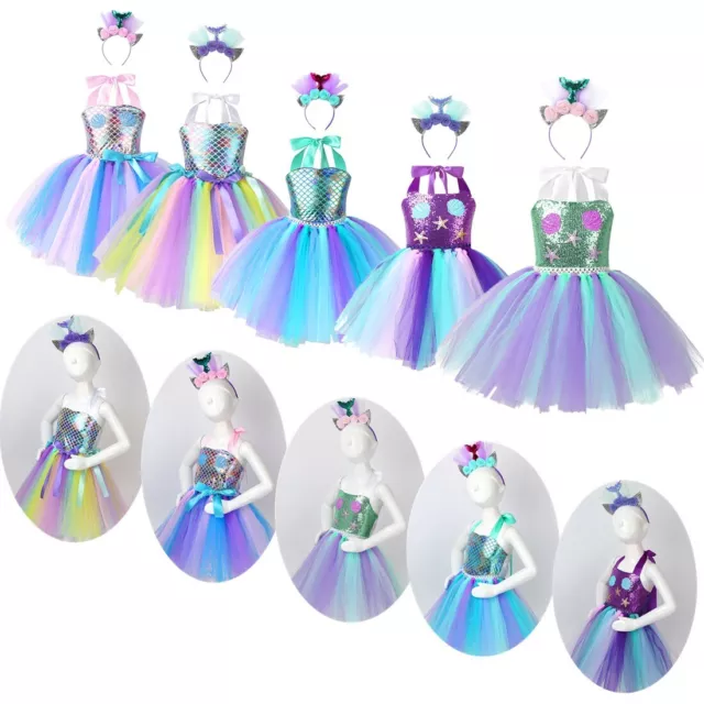 Princess Girls Rainbow Fancy Dress Mermaid Tutu Outfit Cosplay Party Kid Costume