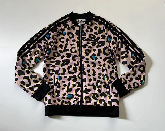 Kids unisex ADIDAS pink black leopard print tracksuit bomber jacket Age 9-10