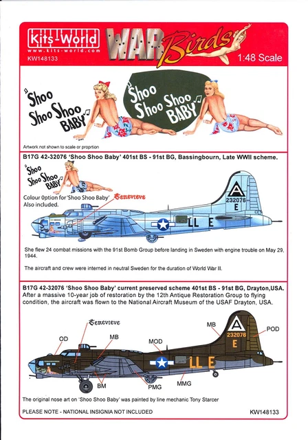 Kits World Decals 1/48 B-17G FLYING FORTRESS Shoo Shoo Shoo Baby 2 Versions