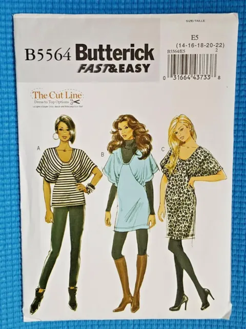 Butterick Pattern B5564 EASY Pullover Top Tunic Dress Sz E5 14 16 18 20 22 UNCUT