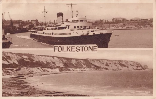 Vintage S&E Postcard - Ship Cote d'Azur & The Warren, Folkestone, Kent - c1955