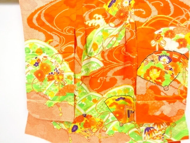 43570# Japanese Kimono / Antique Kimono For Girls / Folding Fan With Flower