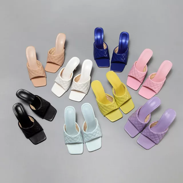 Hot Slim Heel Slide Slippers Blue Beach Pool SquareToe Leather Plaid Women Shoes