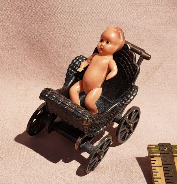 Dollhouse Miniature Celluloid Baby And Metal Baby Carriage Vintage