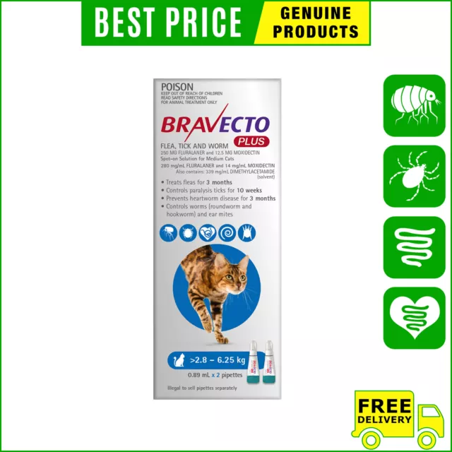 BRAVECTO PLUS for Cat 2 Pipettes BLUE Pack 2.8 to 6.25 Kg Heartworm Flea Control