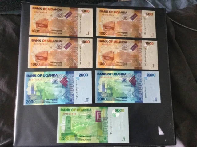 5,000 , 2 x 2,000 & 4 x 1,000 Uganda Shillings banknotes. Variant Dates