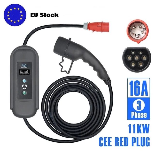 11kw 3 phase Portabe EV Charger 16A Type 2 to CEE 5 pin Shuko 5m Electric Car
