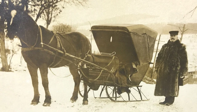 RPPC Horse Drawn Covered Sleigh Sled Man Fur Coat Hat Winter Snow Doctor Bag #72
