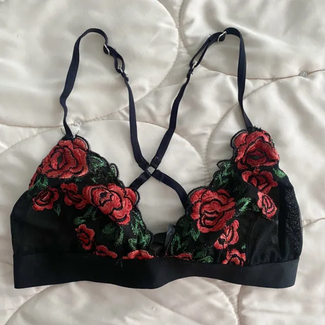 BRALETTE BRA BLACK Red Floral Roses Green Leaves Thin Straps ~ Size Small  £4.00 - PicClick UK