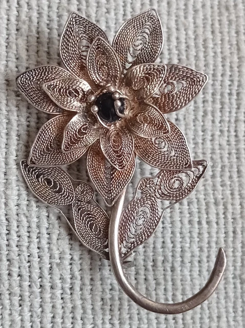 Ancienne Broche Fleur Argent Massif Filigrané