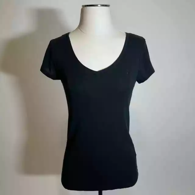 Ralph Lauren Sport Black Pima Cotton Logo V-Neck Short Sleeve Top Womens Size L