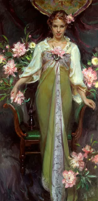 Dream-art Oil painting Beautiful young lady portrait with peony flowers canvas