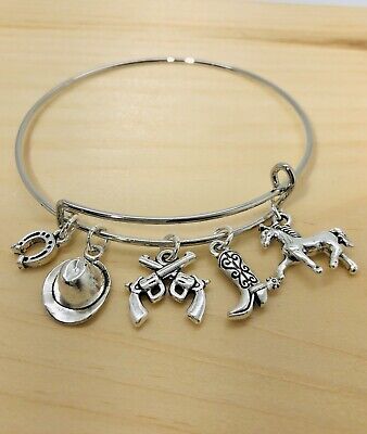 Country Ranch Cowgirl boot~hat~Horse~Pistols charm Expandable Bangle Bracelet
