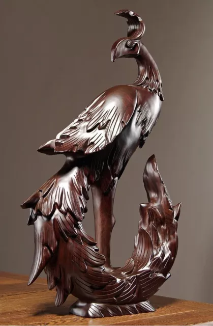 Chinese Ebony Wood Carved Phoenix Statue Feng Shui Sculpture Crafts Home Decor 3