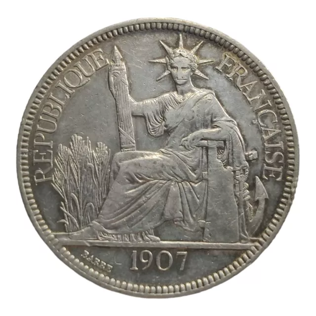 1907-A Silver Piastre Commerce French Indo-China Rare Crown Thaler Sized Coin 6N