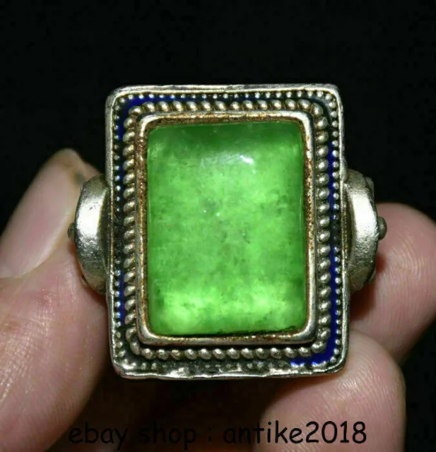 1.4" Old China Silver inlay Red Jade Gem Dynasty Palace Jewellery Finger Ring