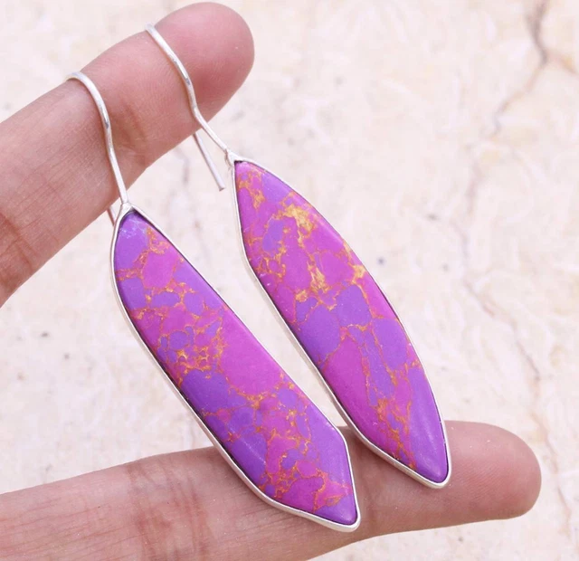 Copper Purple Turquoise 925 Silver Plated Handmade Earrings of 2.2" Ethnic