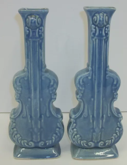 Pair of Vintage Blue Pottery Cello Violin Instrument Wall Pocket Vases