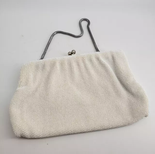 Vintage Walborg Simple Beaded Purse Clutch Handbag White Rhines Clasp