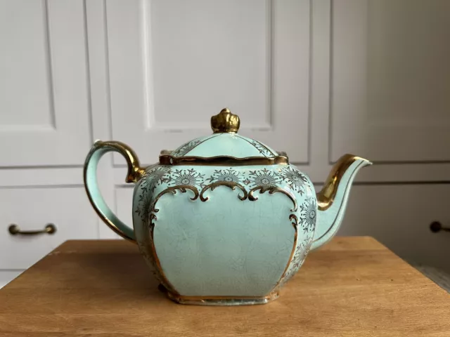 Vintage Sadler Cube Teapot Turquoise Blue Mint Green Gold Gilt