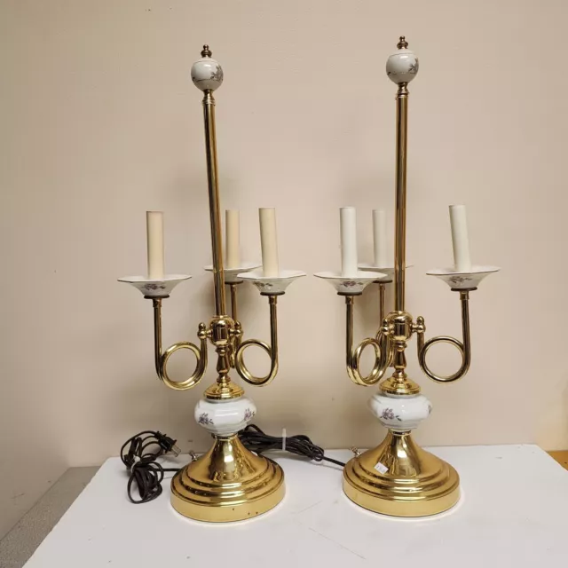 Vtg Louis XVI French style Porcelain Brass Bouillotte Triple Branch Table Lamps