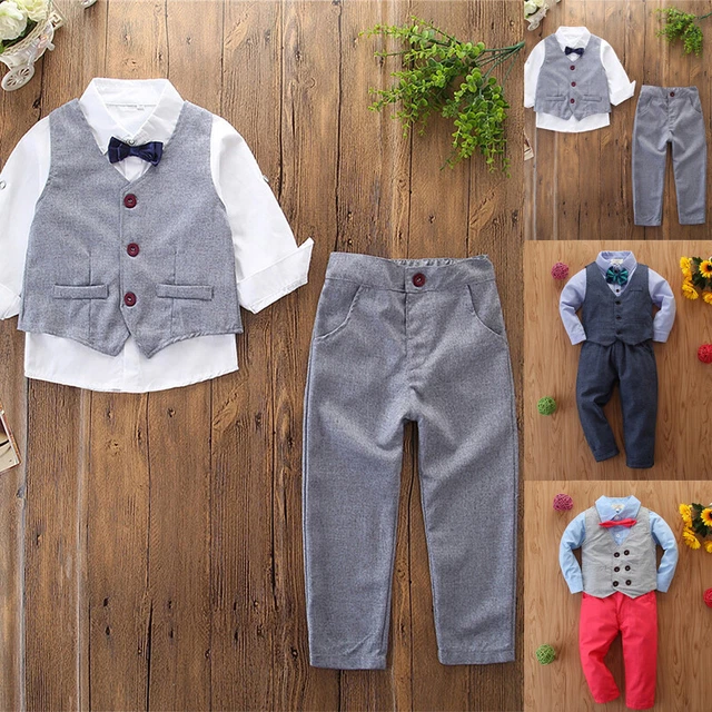 Kids Boys Gentleman Outfit Bow Shirt Tops Vest Pants Wedding Party Set Costume