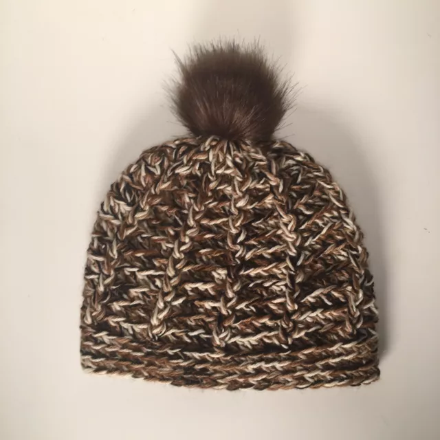 Unisex Beanie Hat Hand Knit 85 % Alpaca 15 % Bamboo with Fur Pom Pom