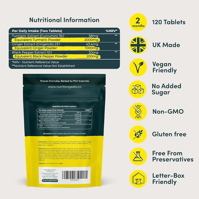 NUTRITION GEEKS TURMERIC Tablets 2000 mg with Black Pepper & Ginger, High Streng £8.10 PicClick UK