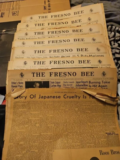 9 Fresno Bee Newspapers 1944-1945 Covering WWII Events