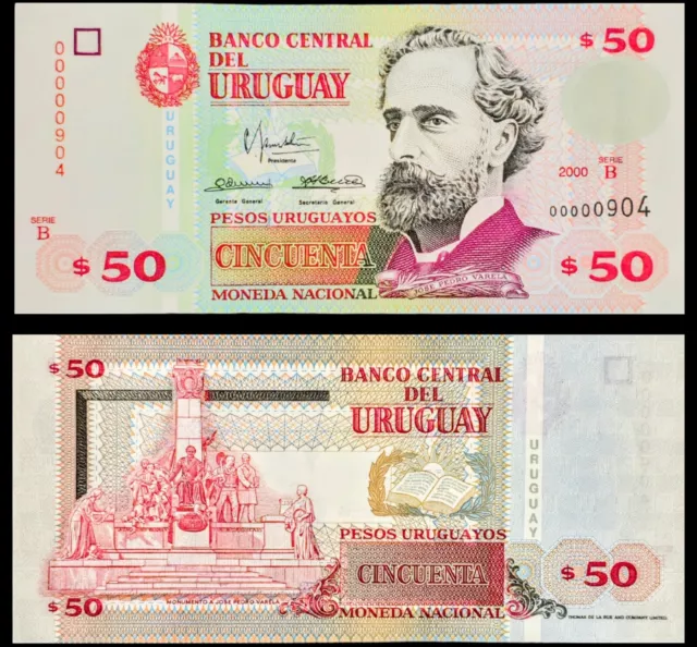 2000 Uruguay 50 Pesos Uruguayos Banknote, José Pedro Varela, Low Serial Number