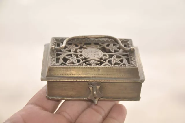 Old Brass Handcrafted Jali Cut Inlay Engraved 3 Compartment Betel Nut Box