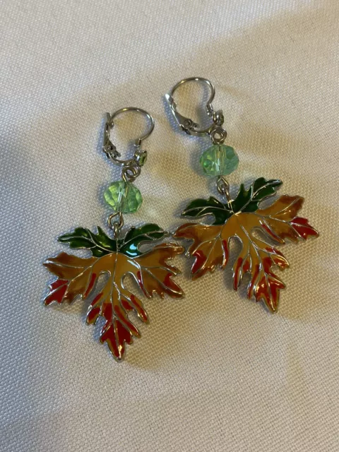 Kirks Folly Silvertone Fall Foliage Green Crystal Leverback Drop Earrings. 2"