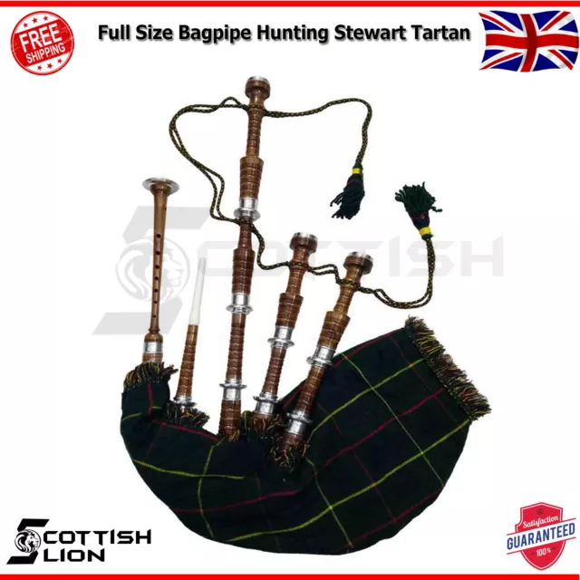Tolle schottische Highland Dudelsäcke Jagd Stewart Tartan mit silbernen Halterungen NEU