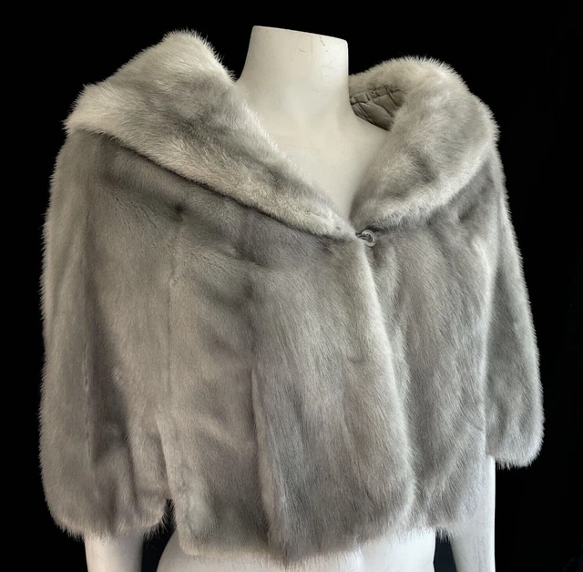 Silver MINK Fur Cape, Real Vintage Shawl, Sapphire Bridal Coat Stole, Wedding