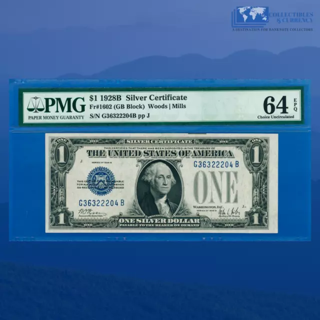 Fr.1602 1928B $1 Silver Certificate Blue Seal, "FUNNYBACK", PMG 64 EPQ #22204