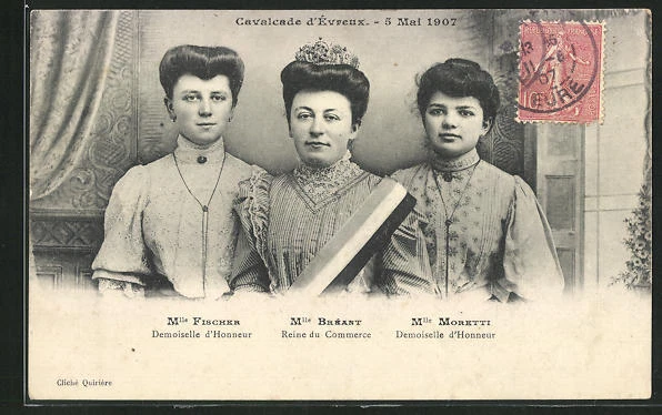 CPA Evreux, Cavalcade 1907, Mlle. pêcheur, Mlle. Breant et Mlle. Moretti 1907