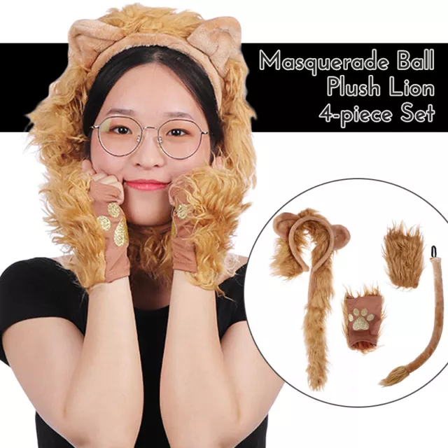 Plush Lion Ears Headband Tail Gloves Set Halloween Kids Adults Cosplay Costume