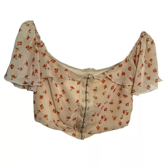 Fanco Women’s Size Small Off Shoulder Crop Top Cream Orange Floral Ruffle Lace